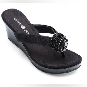 lindsay phillips Black Wedge Flip Flop with Floral Embellishment